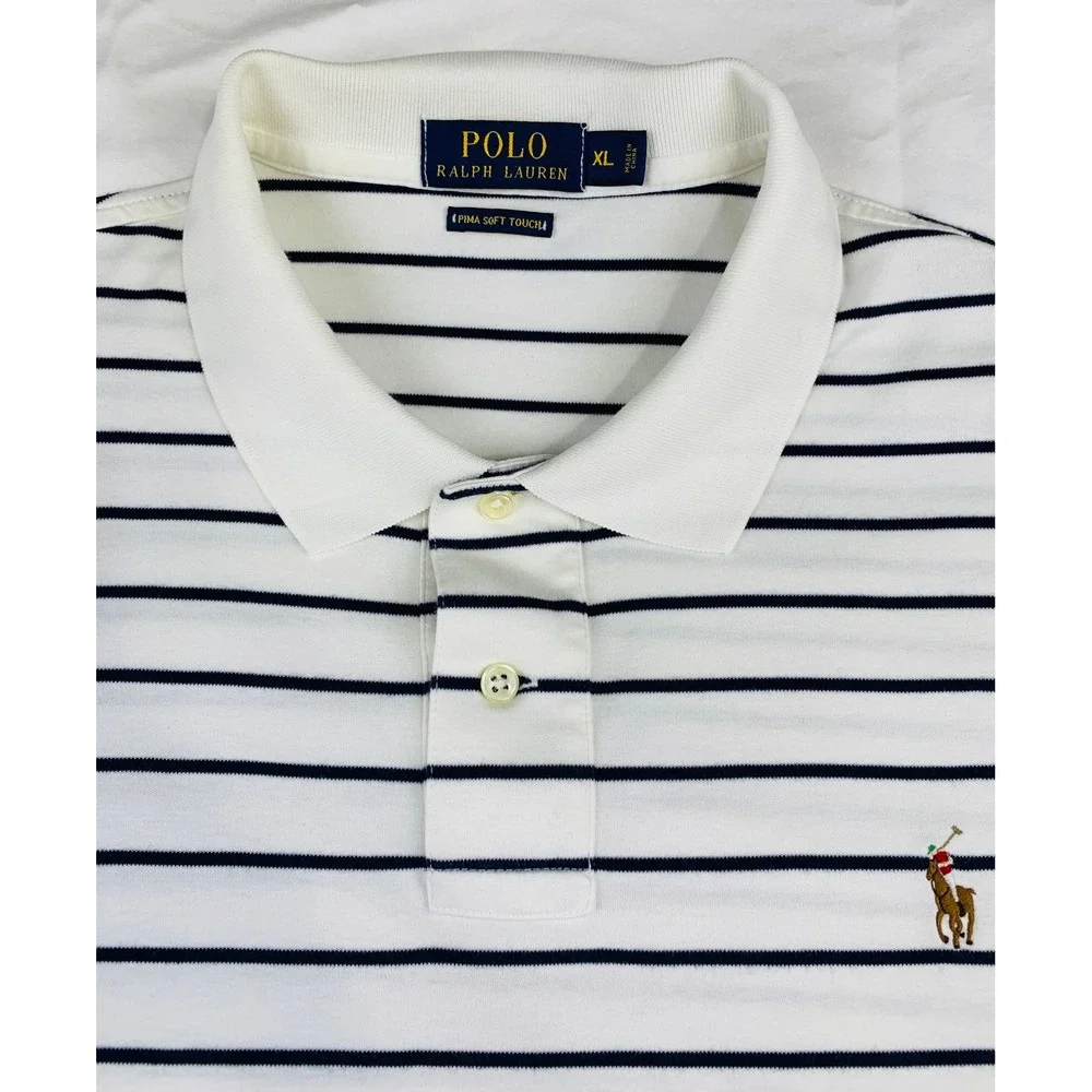 Polo Ralph Lauren XL Striped Pima Soft Touch Polo Shirt White Navy Flesh Pony
